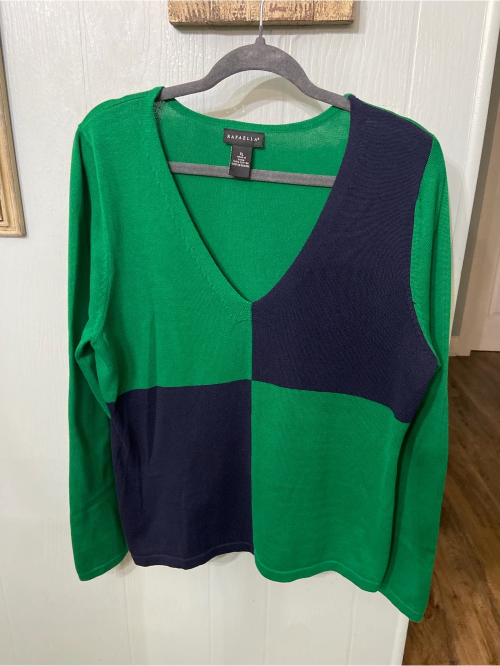 Rafaella Green and Navy Blocked V-Neck Sweater